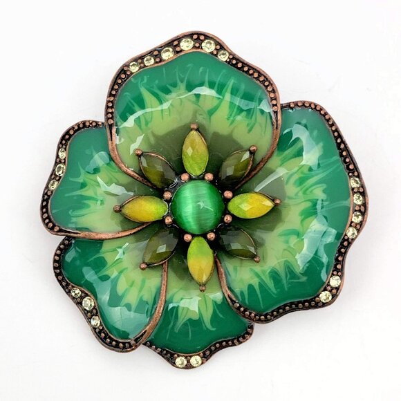 Liz Claiborne two tone green enamel flower pin with rhinestones + cabochons - Picture 1 of 3